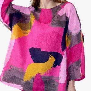 Pink Blue Graphic Oversized Blouse 3/4 Sleeve